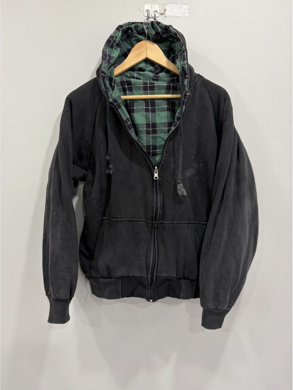 Vintage Plaid Lined Zip Up Hoodie Sweater sun faded
